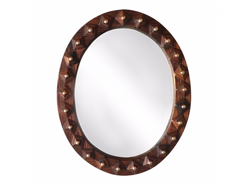 Oval Wood Mirror with Brass Details