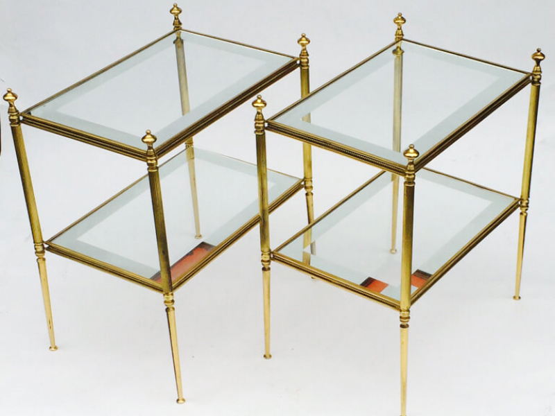 Pair of Neoclassical Bagues Style Two Tier Brass Tables