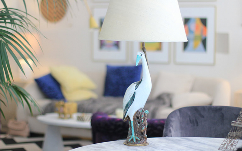 Large Chinoiserie Porcelain Crane Lamp