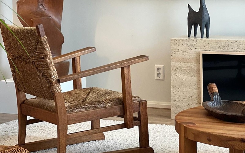 Modernist Oak and Rush Armchair